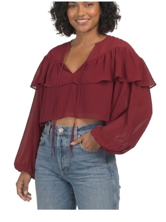 Le Lis Tops - Le Lis Burgundy Flowy Tie Front Ruffle Crop Blouse Peasant Bohemian NWT